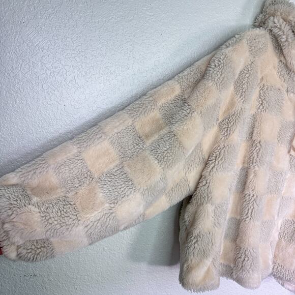 Anthropologie Jacket Womens 2X Faux Fur Hoodie Zip Up Checkered Boho Crop Fleece - Picture 7 of 11